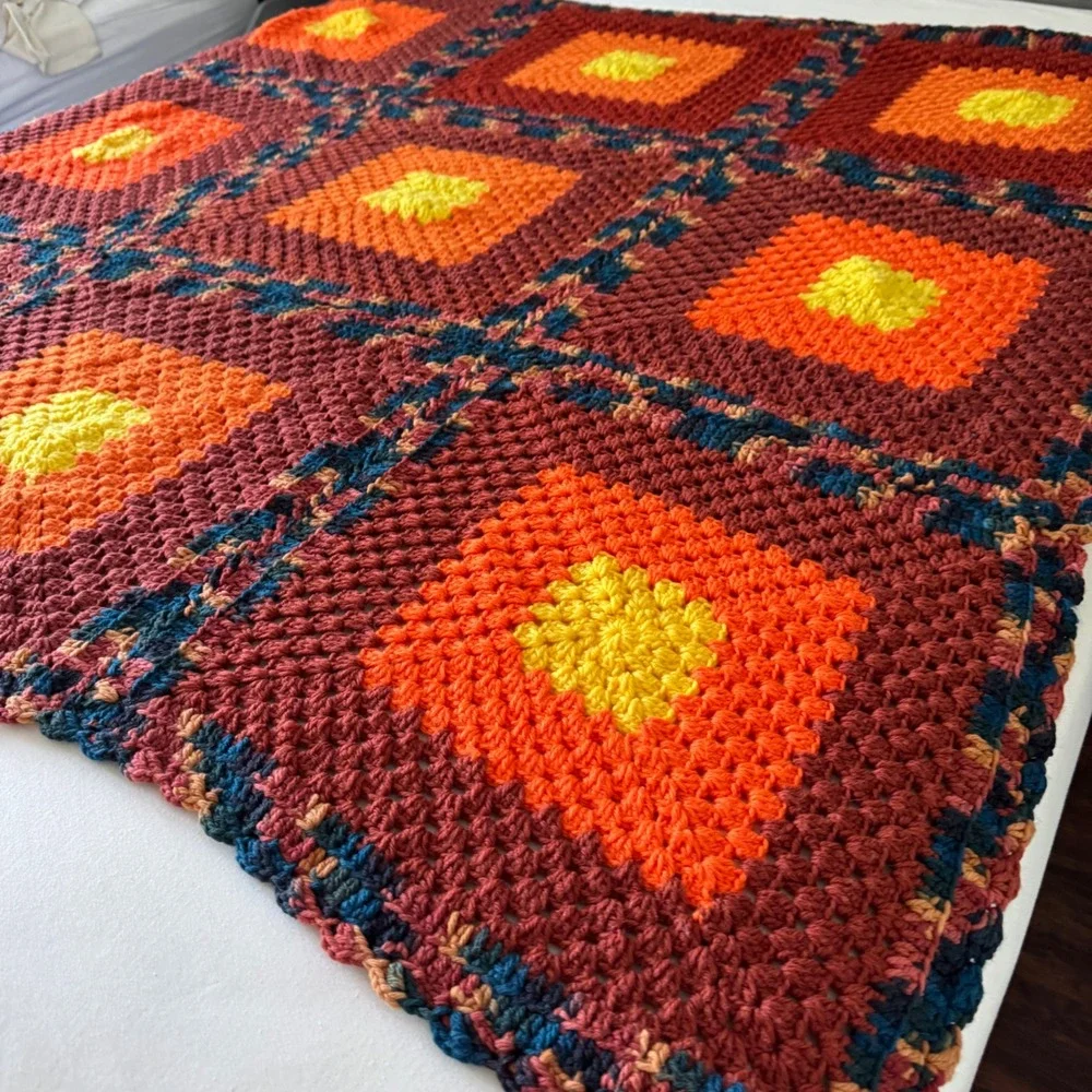Vintage Handmade Crochet Granny Square Afghan Knit Throw Blanket Orange Maroon